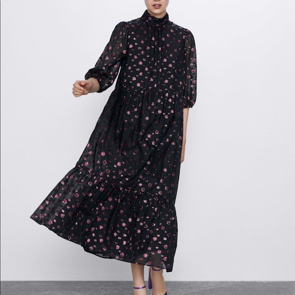 ZARA BNWT Polka Dot Midi Dress with Voluminous Sleeves